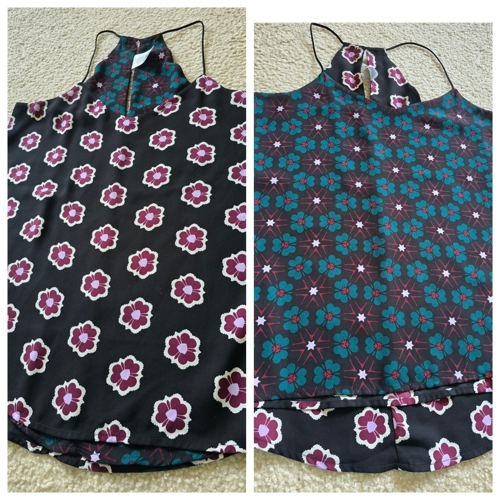 🌈 REVERSIBLE Express Barcelona Blue Green Floral Sleeveless V Neck Size Small